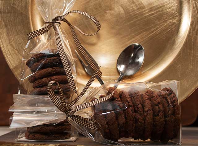 Chocolate hazelnut cookies in cellophane bags