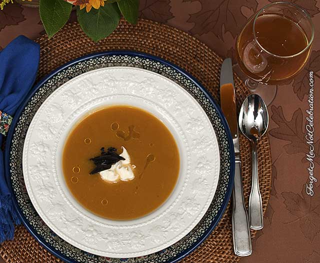 Butternut squash soup with creme fraiche and fried sage leaves