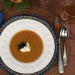 Butternut squash soup with creme fraiche and fried sage leaves